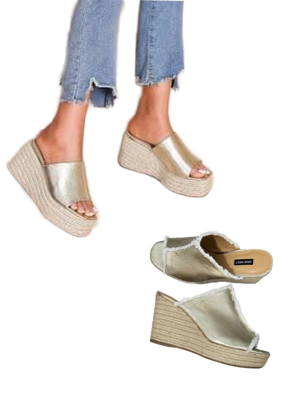 NINE WEST "Baja" Metallic Espadrille-Inspired Platform Wedge Sandal